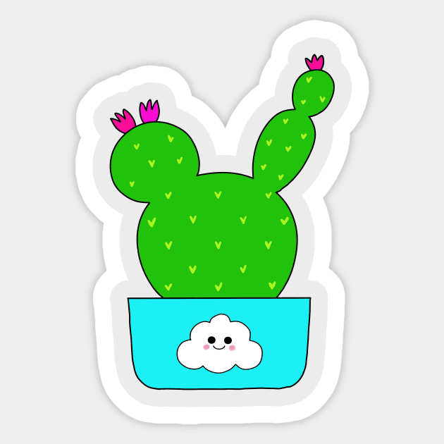 Cute Cactus Design #132: Cute Cactus With Flowers In Cloud 9 Pot Sticker by DreamCactus